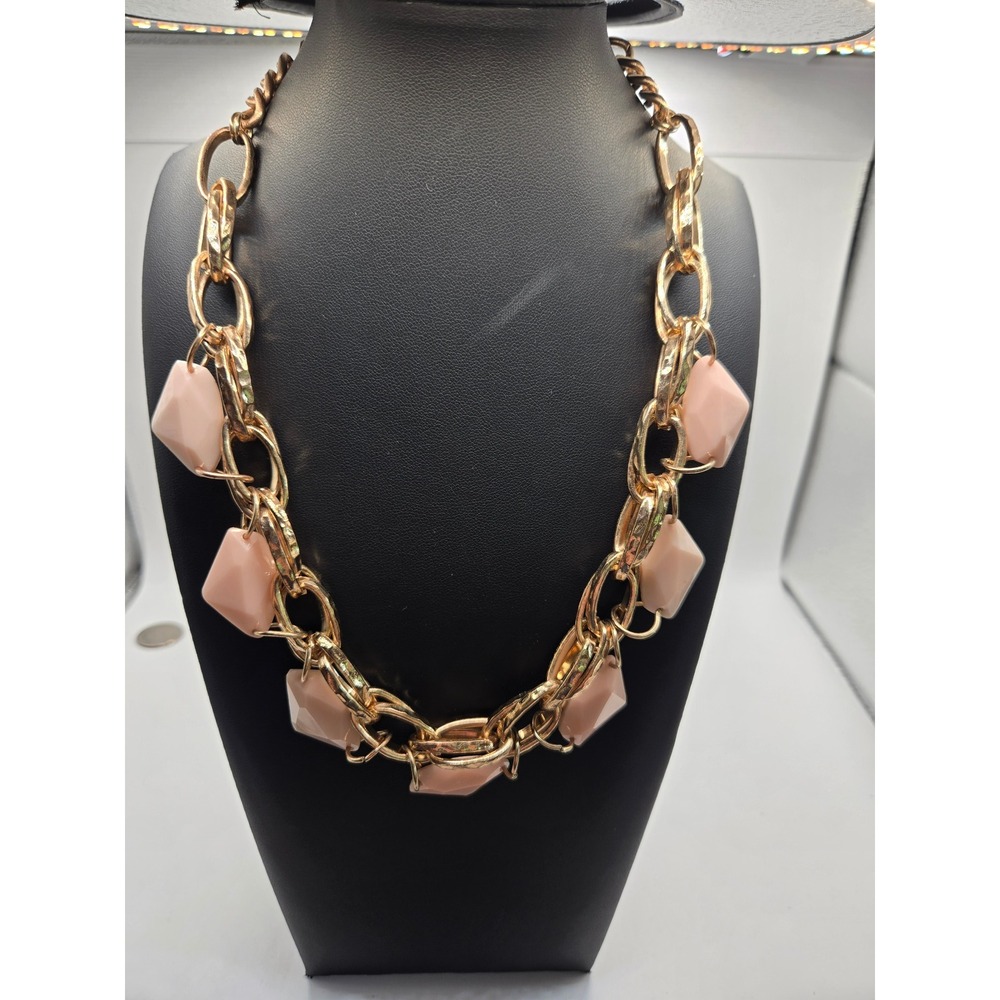 Chunky Gold Tone Chain Necklace Peach Geometric Stone Statement Jewelry